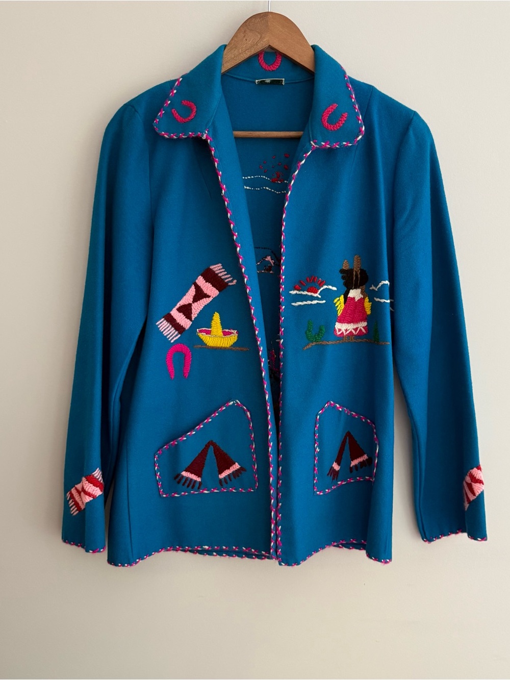 Vintage Mexican Women’s Colourful Souvenir Jacket Wool Turquoise History Small